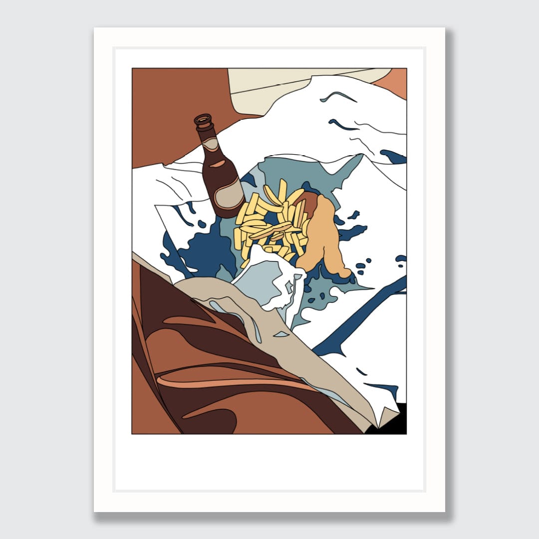 Fish and chips on the living room floor Limited Edition Art Print by Alex Scott