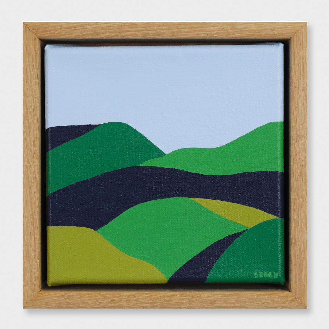 Framed abstract artwork by Alice Berry of wavy green and blue, patterns on a light blue background framed in oak.