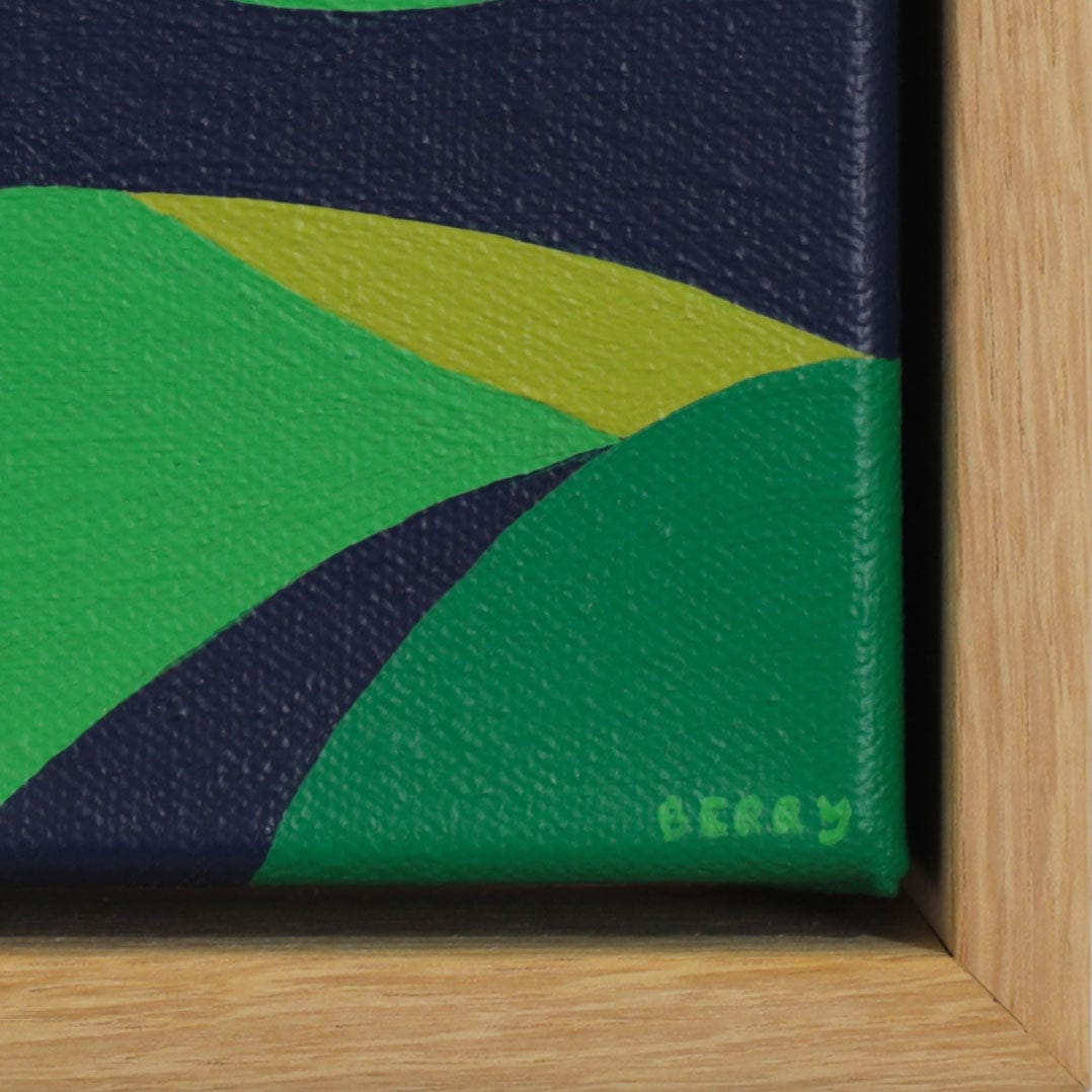 Close-up of a green and blue abstract painting by Alice Berry with a wooden frame.