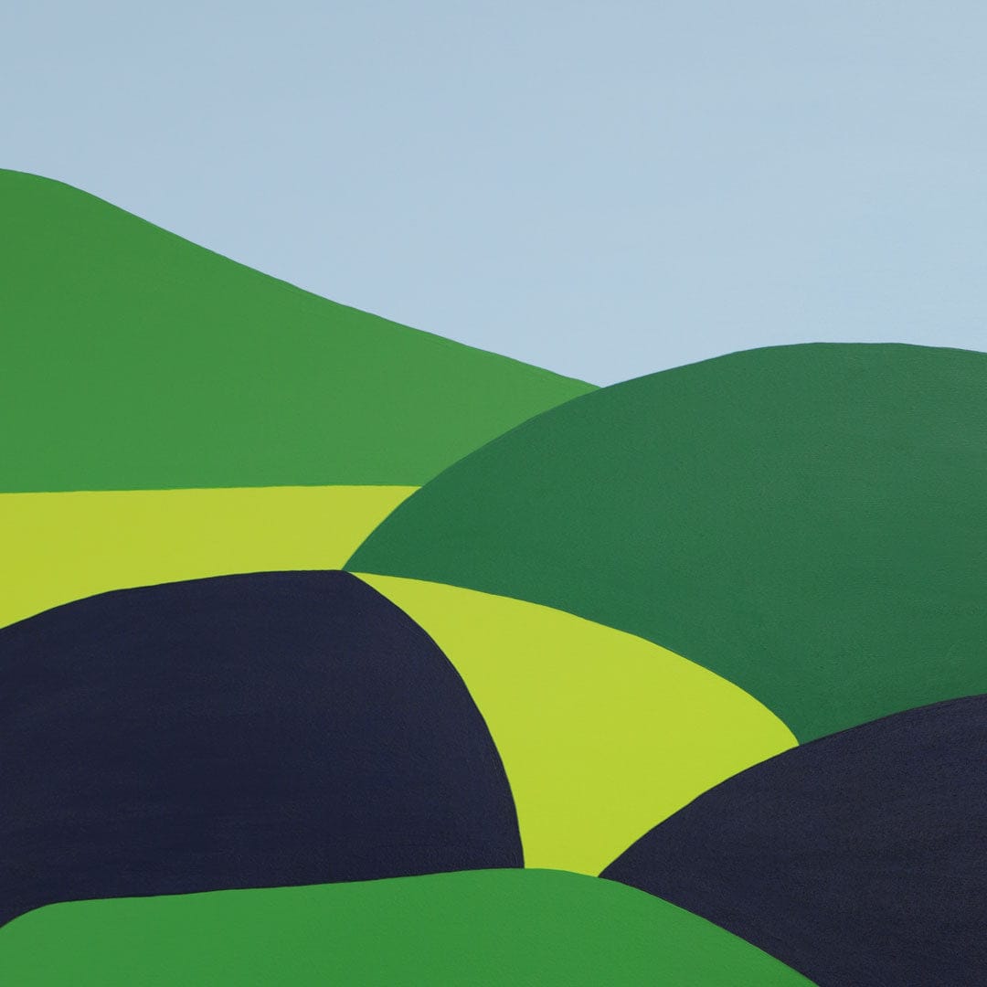 Abstract painting by Alice Berry with green, blue, and mustard.