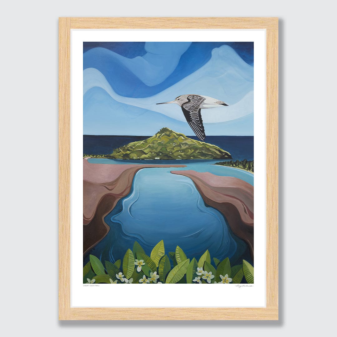 Godwit Over Paku Art Print by Guy Harkness