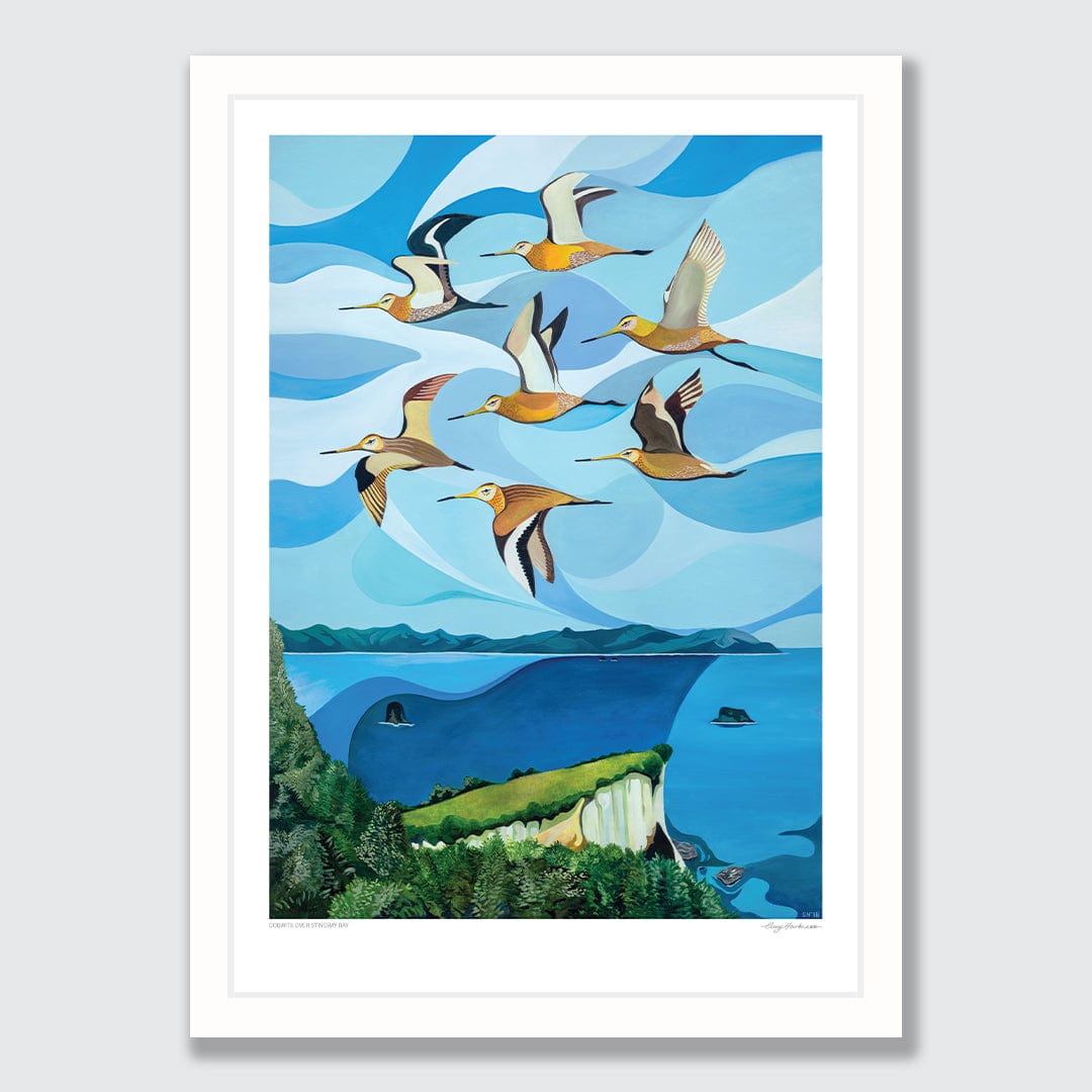 Godwits Over Stingray Bay Art Print by Guy Harkness