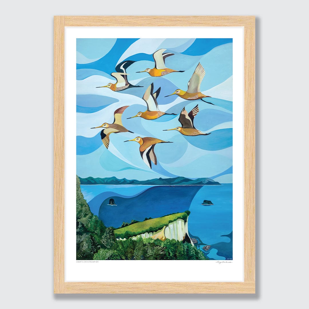 Godwits Over Stingray Bay Art Print by Guy Harkness