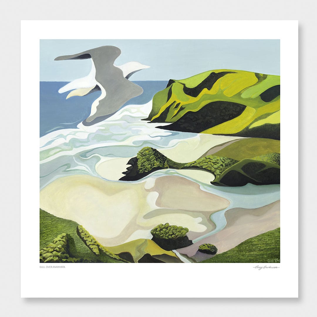 Gull Over Anawhata Art Print by Guy Harkness