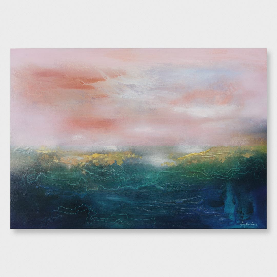 Abstract painting of a landscape with a pink sky and blue water.