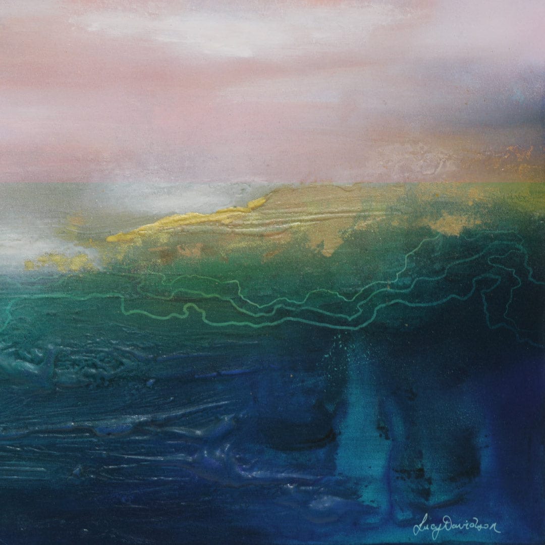 Abstract painting with a gradient of blue, green, and pink hues.