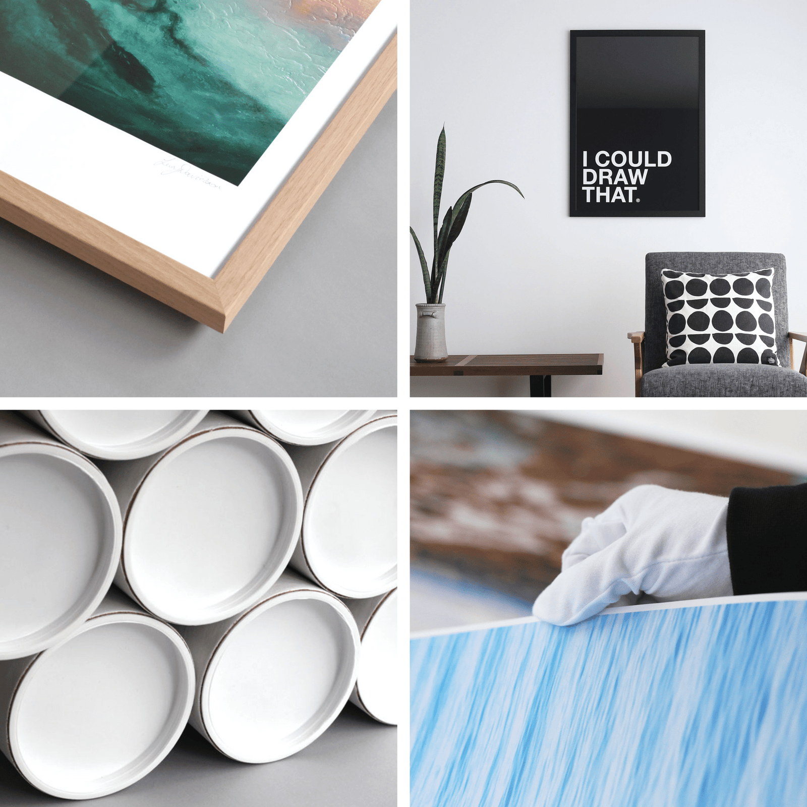 grid-of-images-frame-corner-detail-poster-tubes-paper-handling-styled-insitu