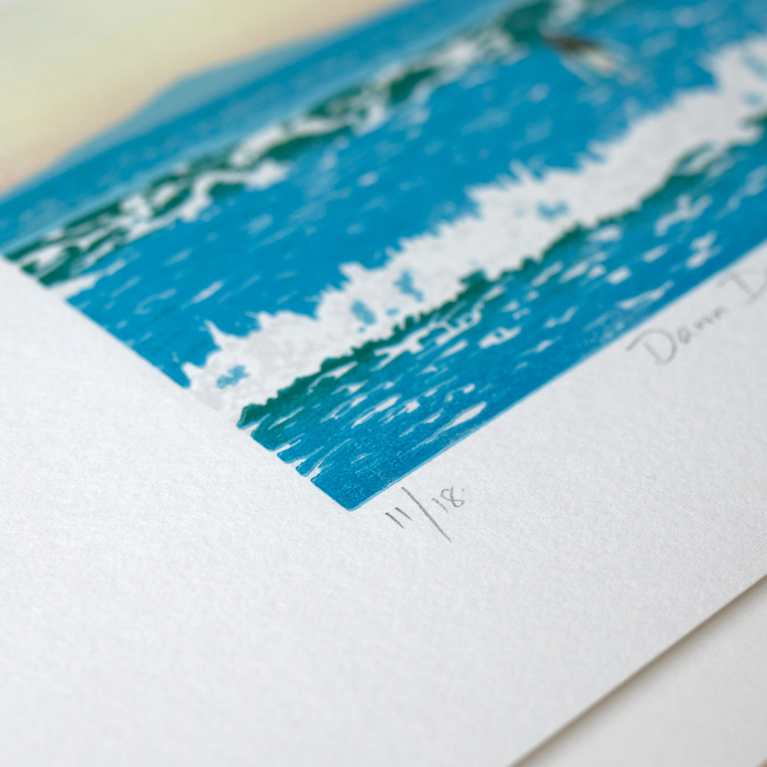 Bespoke Framed Dawn Dipper Linocut Reduction Print by Kate Steiner