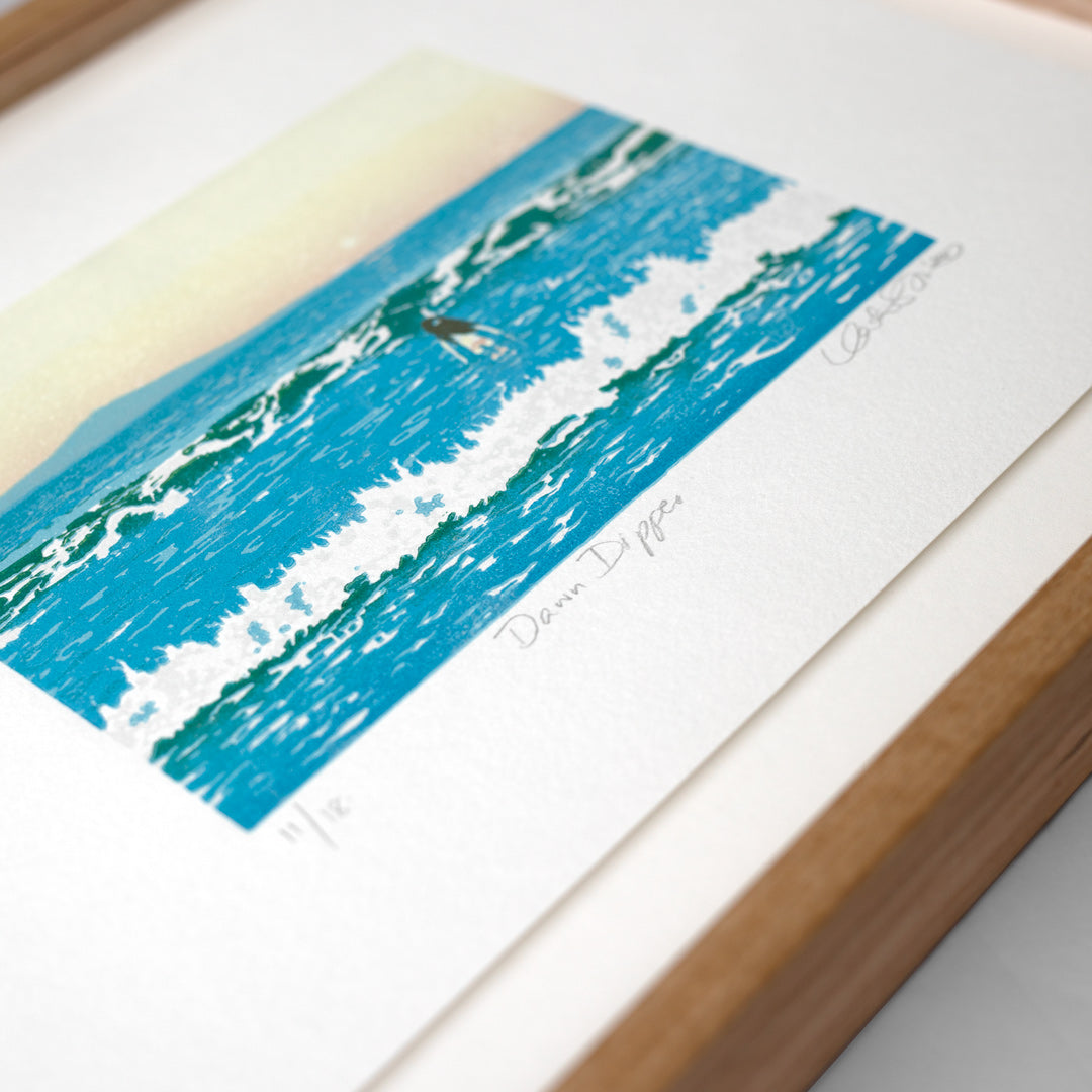 Bespoke Framed Dawn Dipper Linocut Reduction Print by Kate Steiner