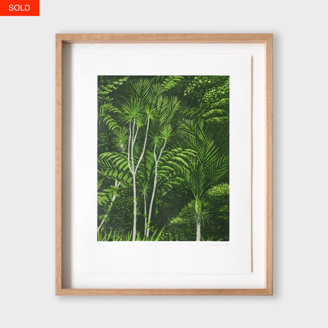 Bespoke Framed Kākāriki II Linocut Reduction Limited Edition Art Print by Kate Steiner