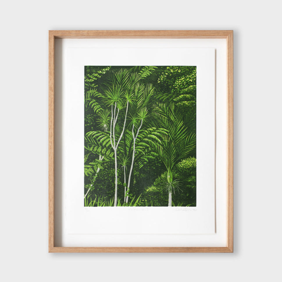Bespoke Framed Kākāriki II Linocut Reduction Print by Kate Steiner
