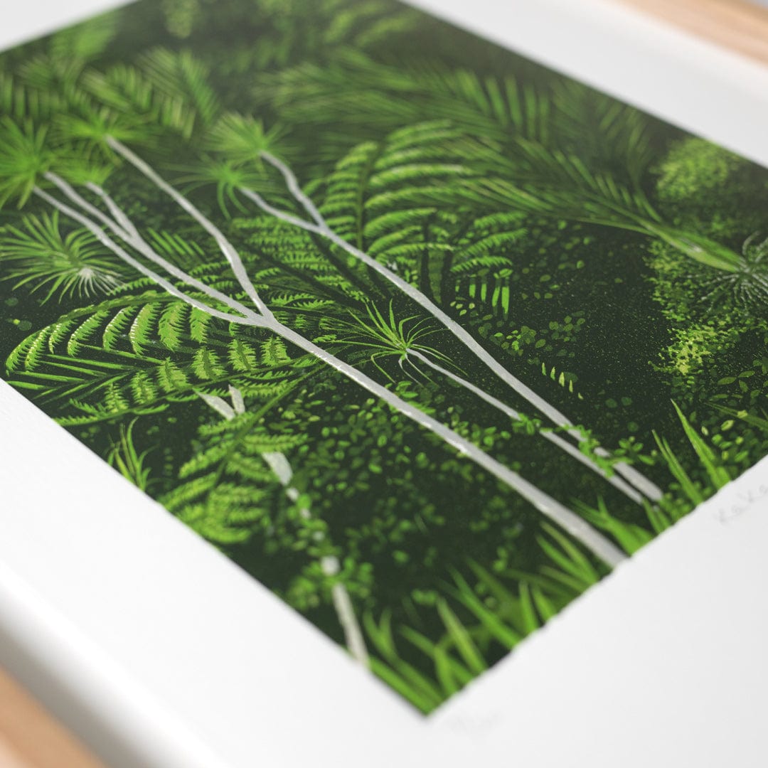 Bespoke Framed Kākāriki II Linocut Reduction Print by Kate Steiner