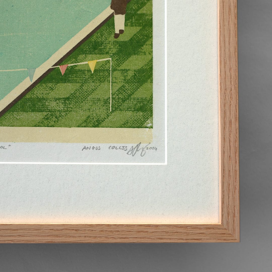Bespoke Framed Nostalgic Pool Limited Edition Woodblock Print by Angus Collis corner