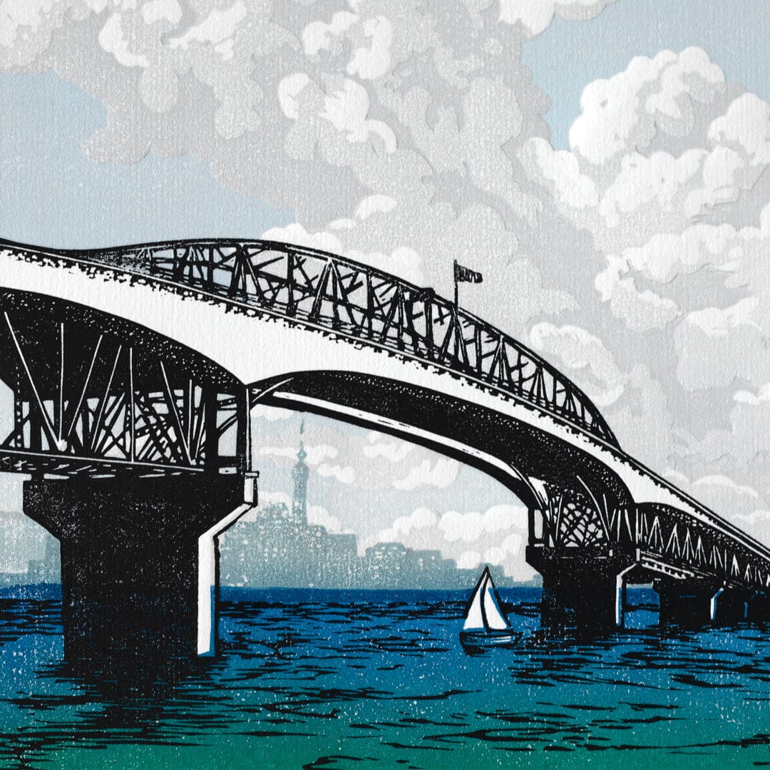 Bespoke Framed Waitemata Harbour Bridge Linocut Reduction Print by Kate Steiner