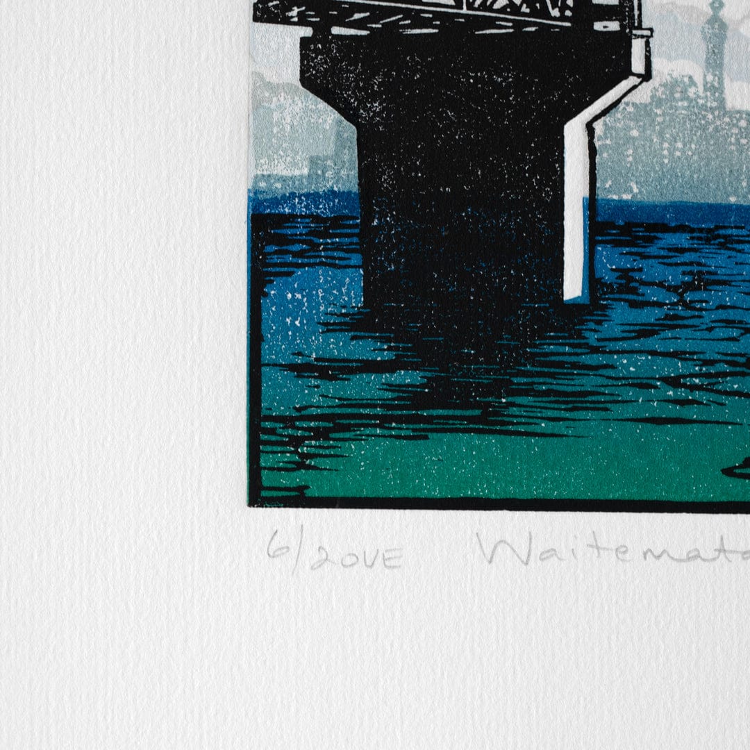 Bespoke Framed Waitemata Harbour Bridge Linocut Reduction Print by Kate Steiner