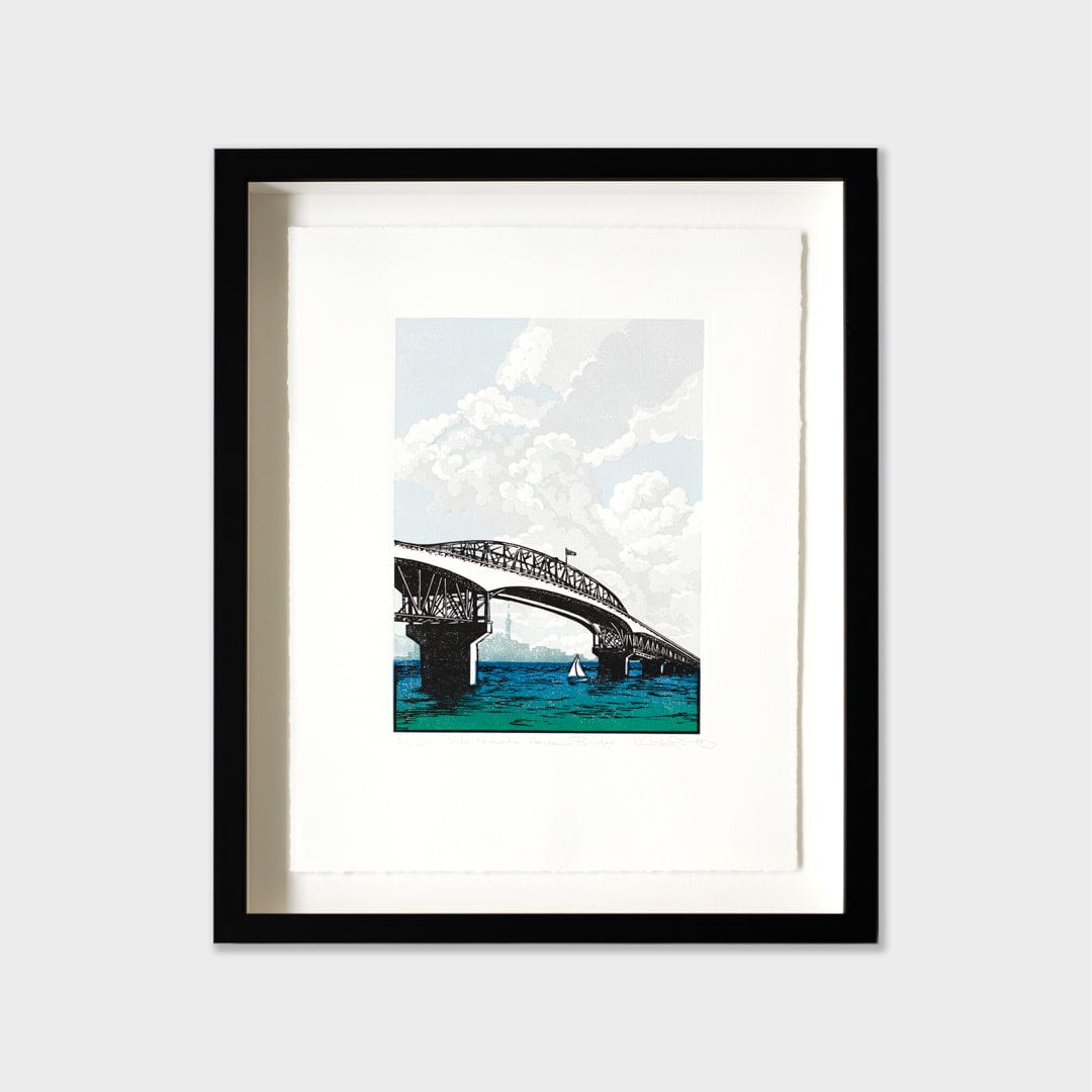 Bespoke Framed Waitemata Harbour Bridge Linocut Reduction Print by Kate Steiner