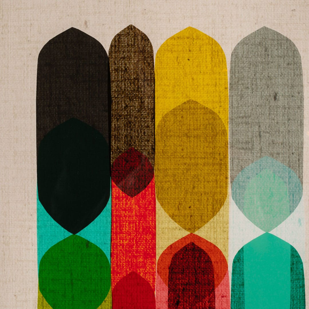 Abstract geometric closeup of wall art featuring vertical textured panels with overlapping arch and oval shapes in black, brown, yellow, gray, teal, and green on a light beige linen-like background.