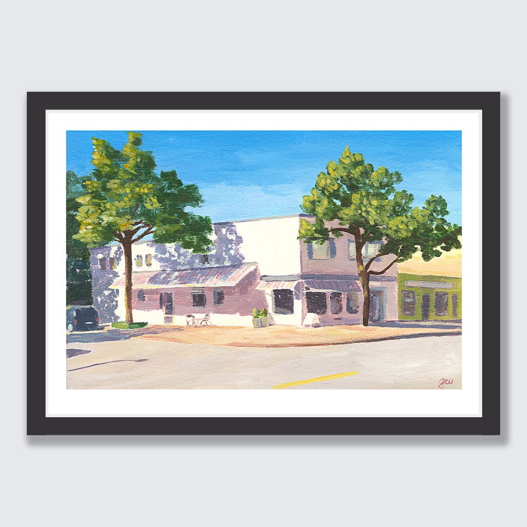 Cafe on the Corner Art Print by Grace Wilkinson