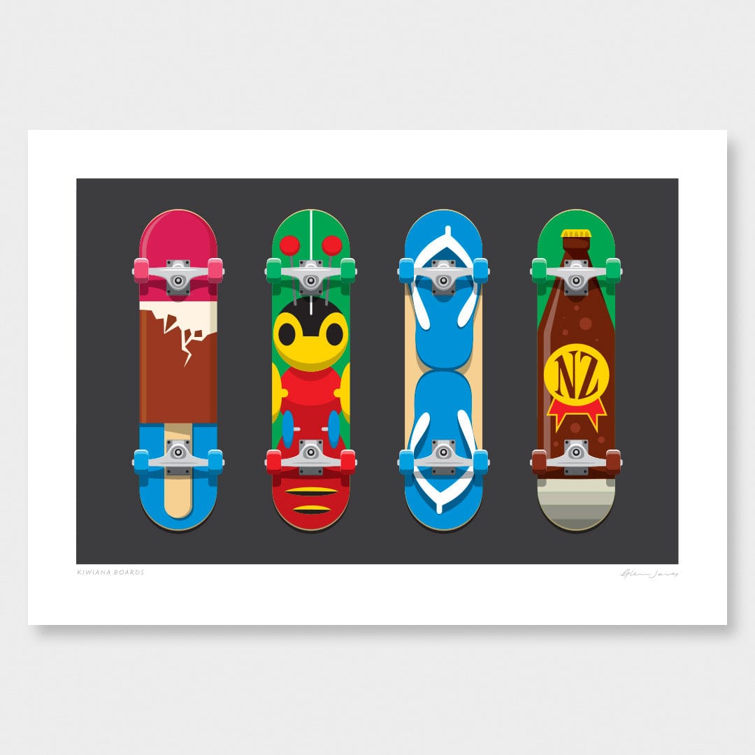 Kiwiana Skateboards Art Print by Glenn Jones
