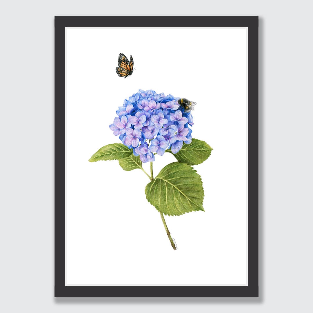 Hydrangea, Bee and Butterfly Art Print by Olivia Bezett