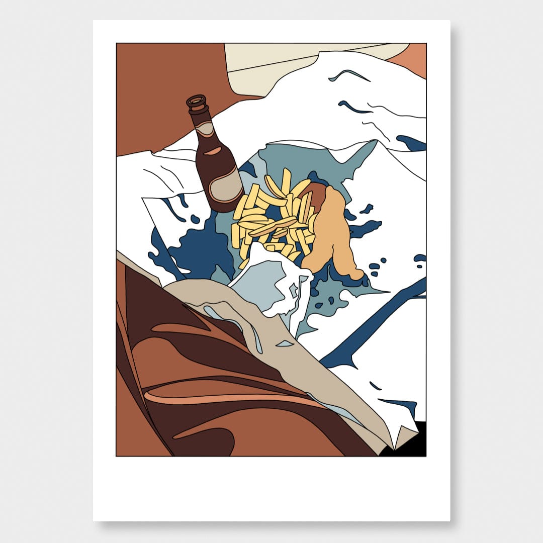 Fish and chips on the living room floor Limited Edition Art Print by Alex Scott