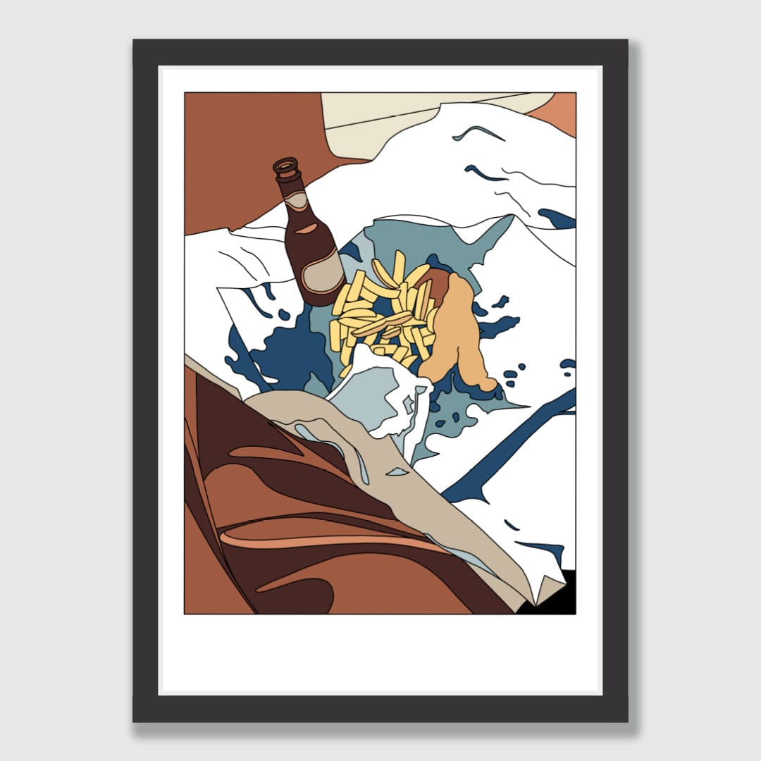 Fish and chips on the living room floor Limited Edition Art Print by Alex Scott