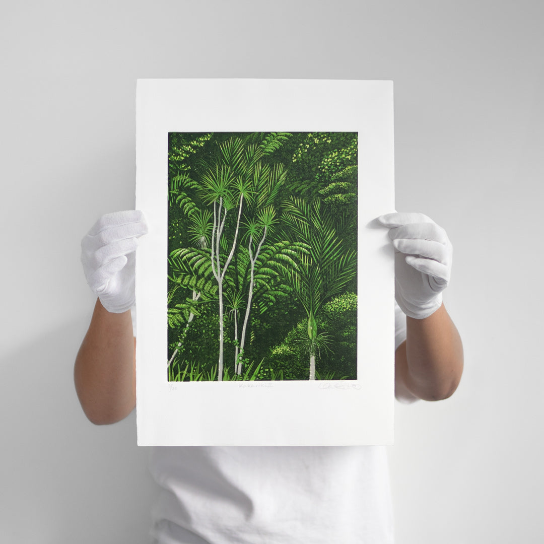 Kākāriki II Linocut Reduction Print by Kate Steiner