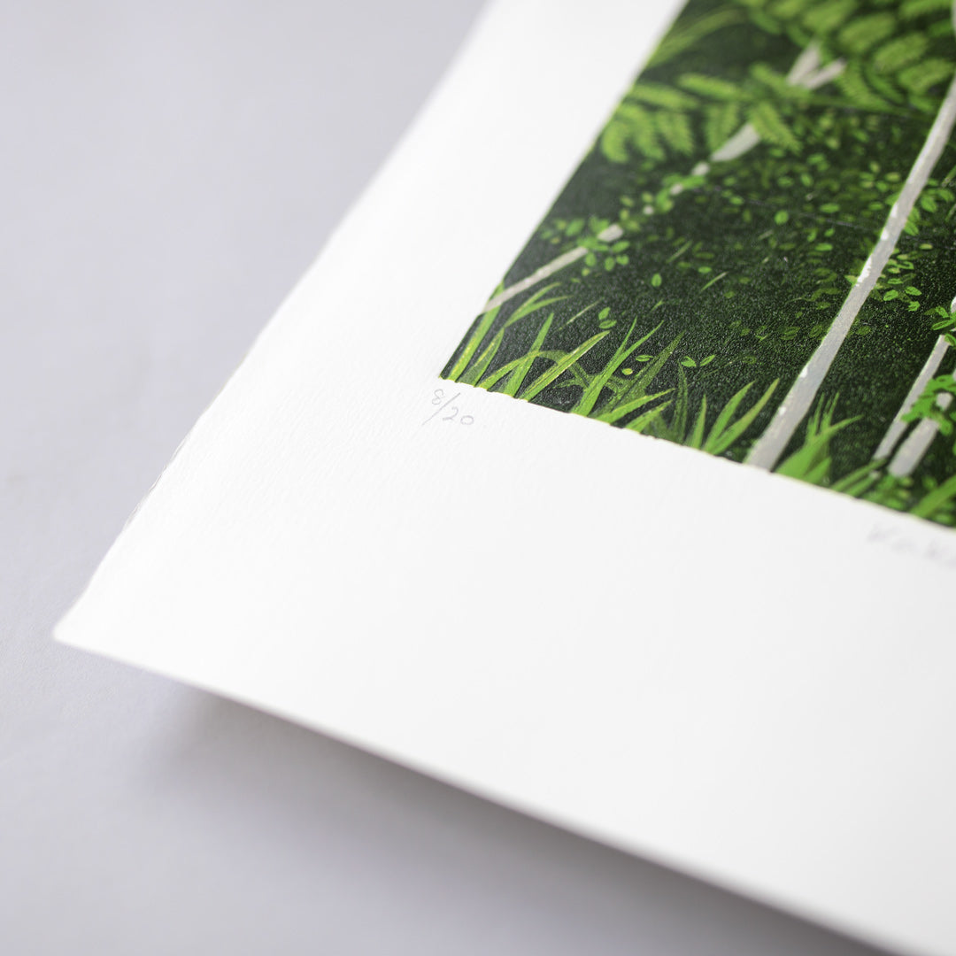 Kākāriki II Linocut Reduction Print by Kate Steiner