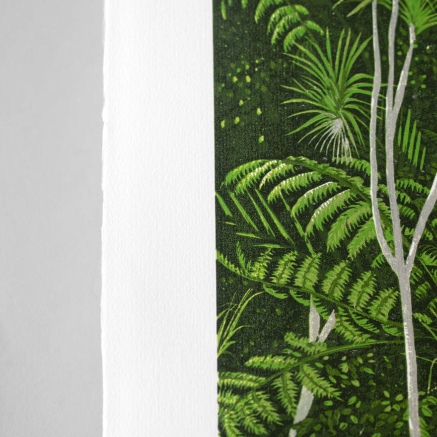 Kākāriki II Linocut Reduction Print by Kate Steiner