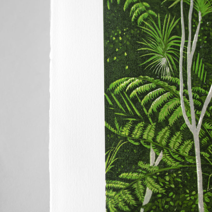Kākāriki II Linocut Reduction Print by Kate Steiner