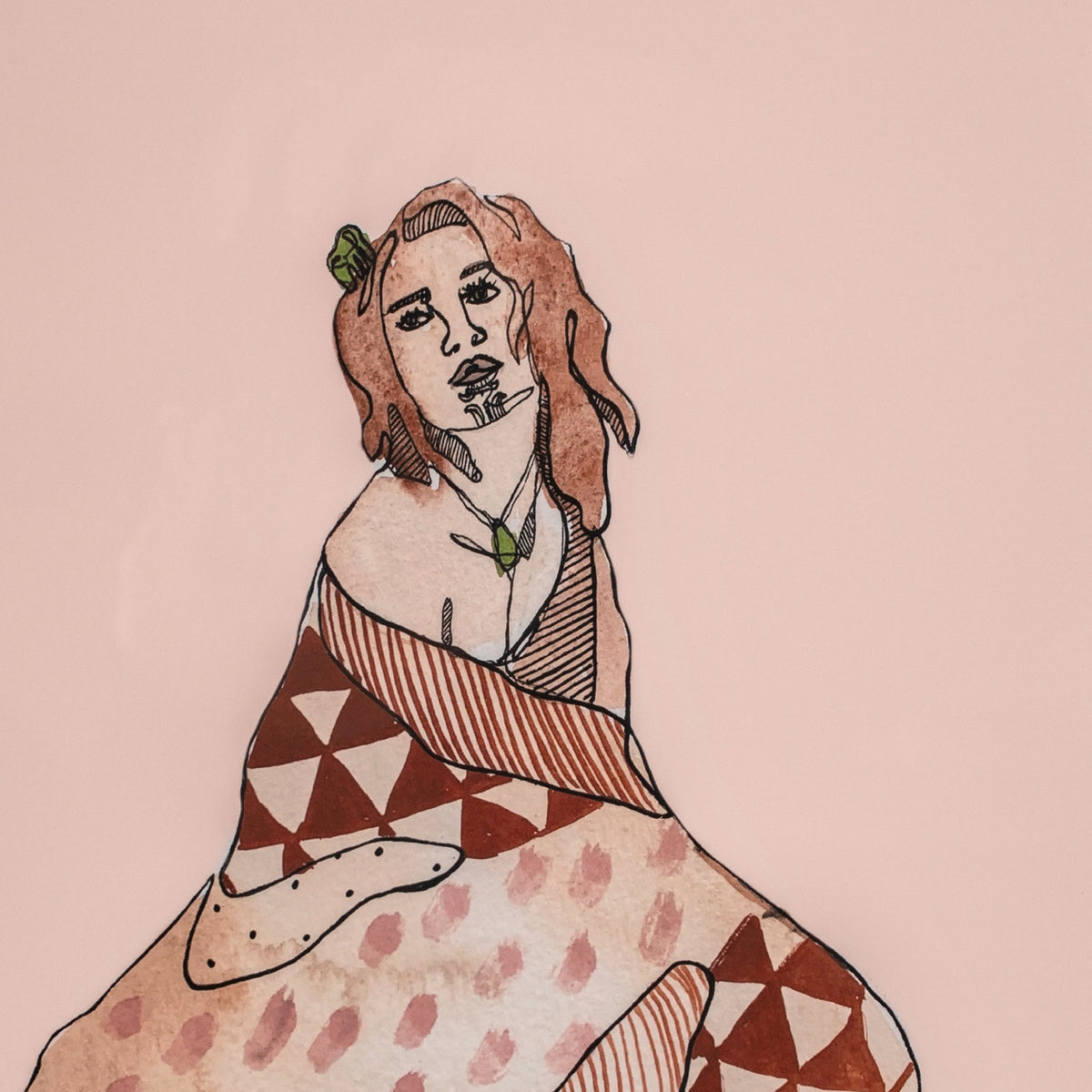 A stylized illustration of a Maori woman wrapped in a patterned blanket, rendered in warm earth tones on a solid pale pink background.