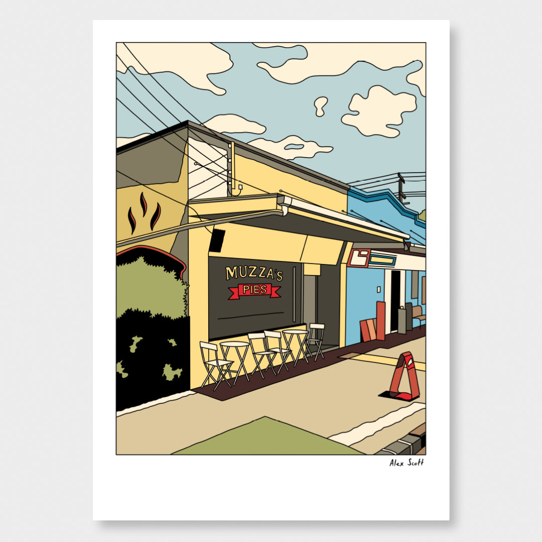 Muzza’s Pies Mt Albert Art Print by Alex Scott