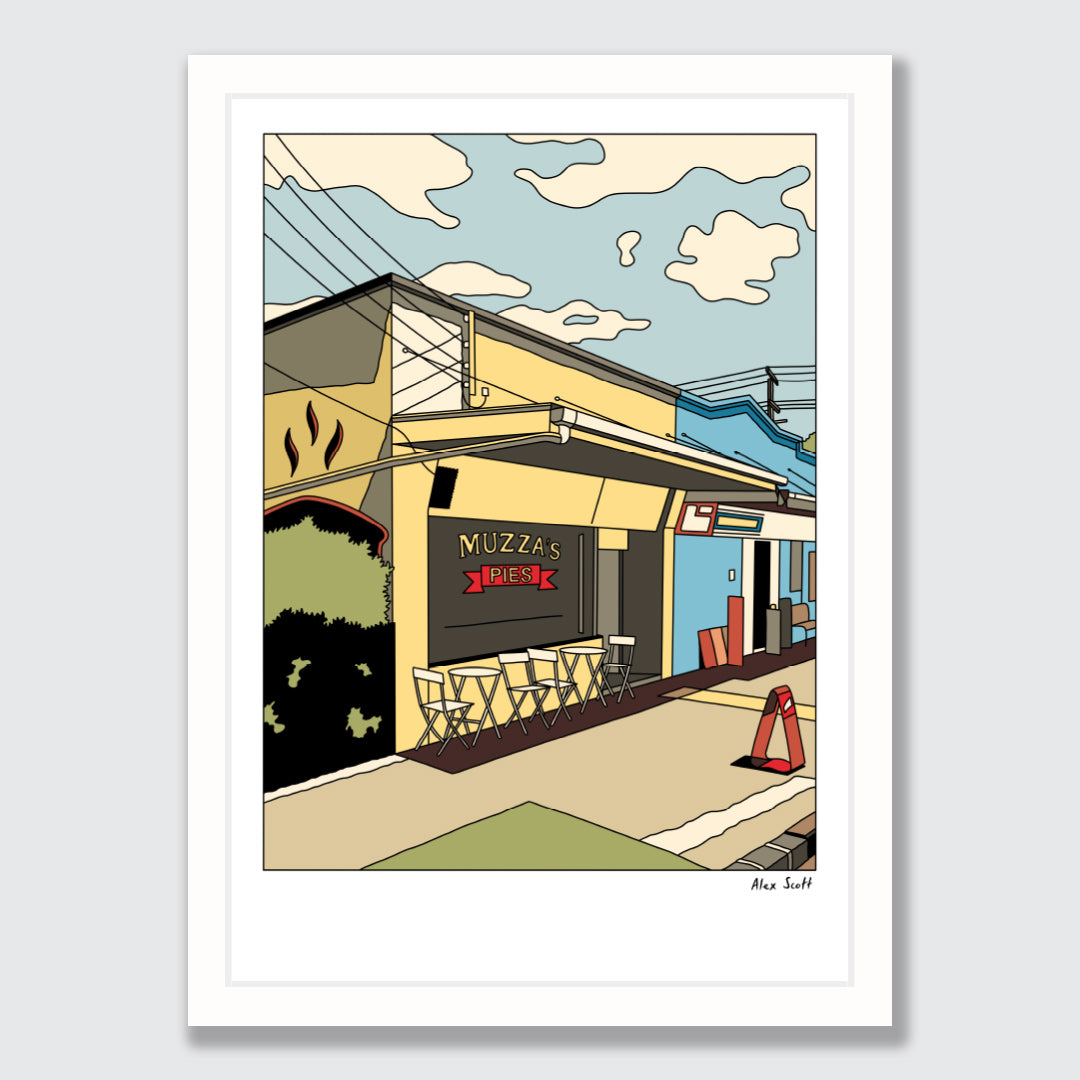 Muzza’s Pies Mt Albert Art Print by Alex Scott