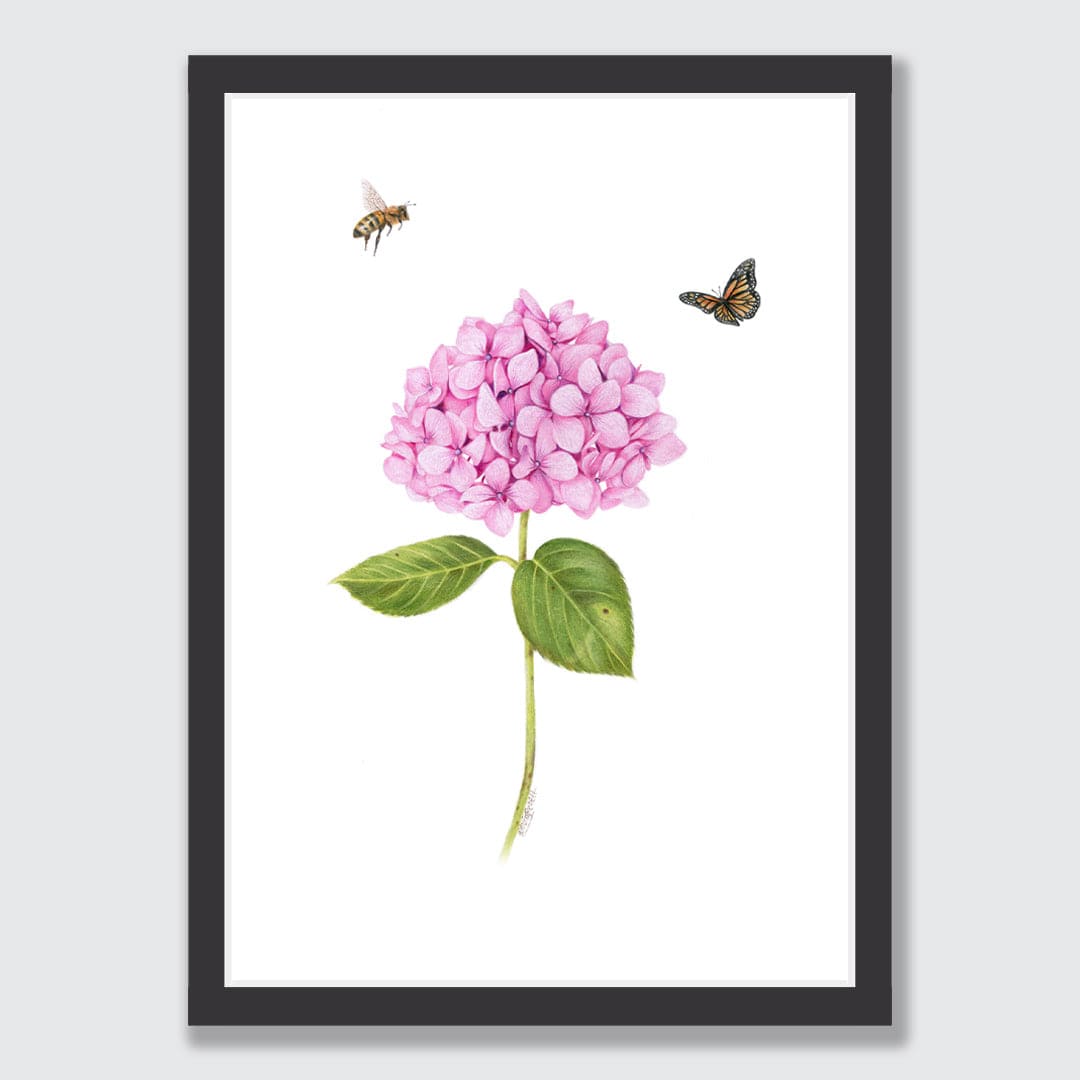 Pink Hydrangea, Bee and Butterfly Art Print by Olivia Bezet