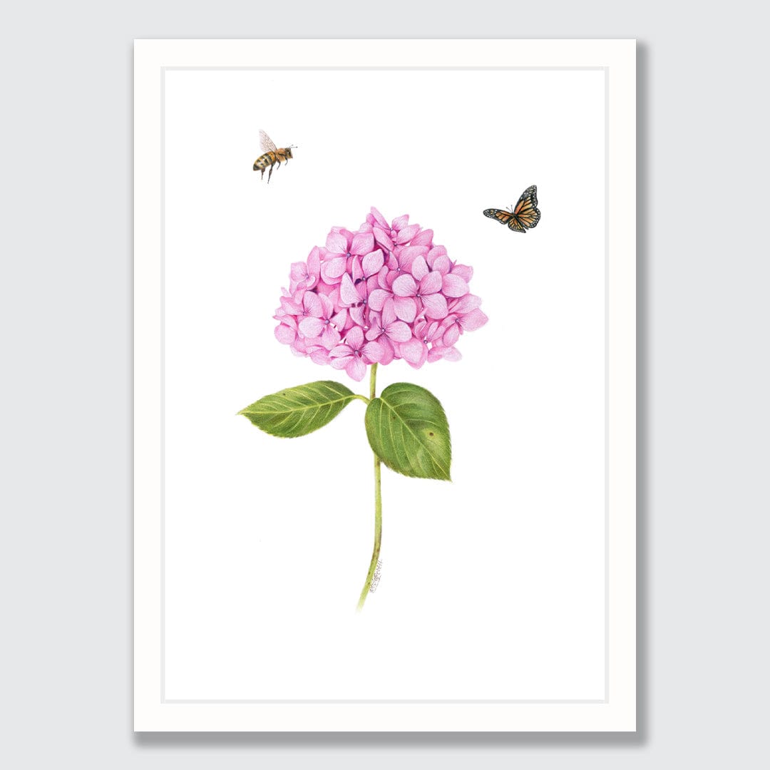 Pink Hydrangea, Bee and Butterfly Art Print by Olivia Bezett
