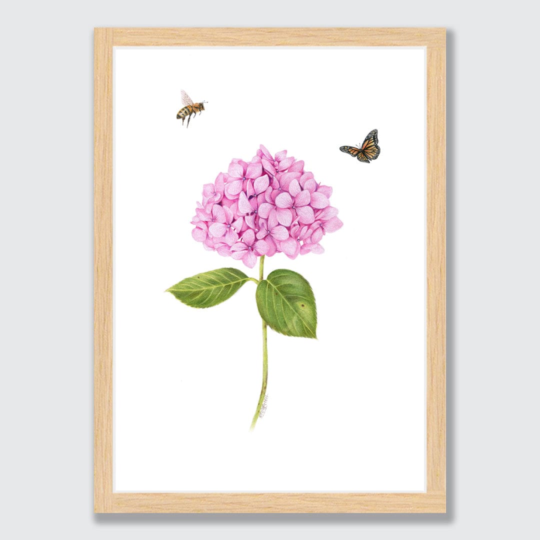 Pink Hydrangea, Bee and Butterfly Art Print by Olivia Bezett