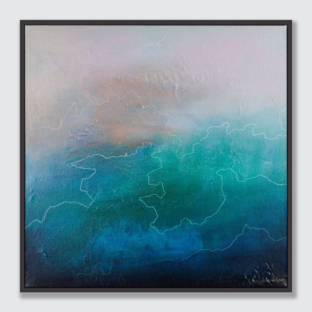Abstract painting with gradient colors in a black frame on a white background