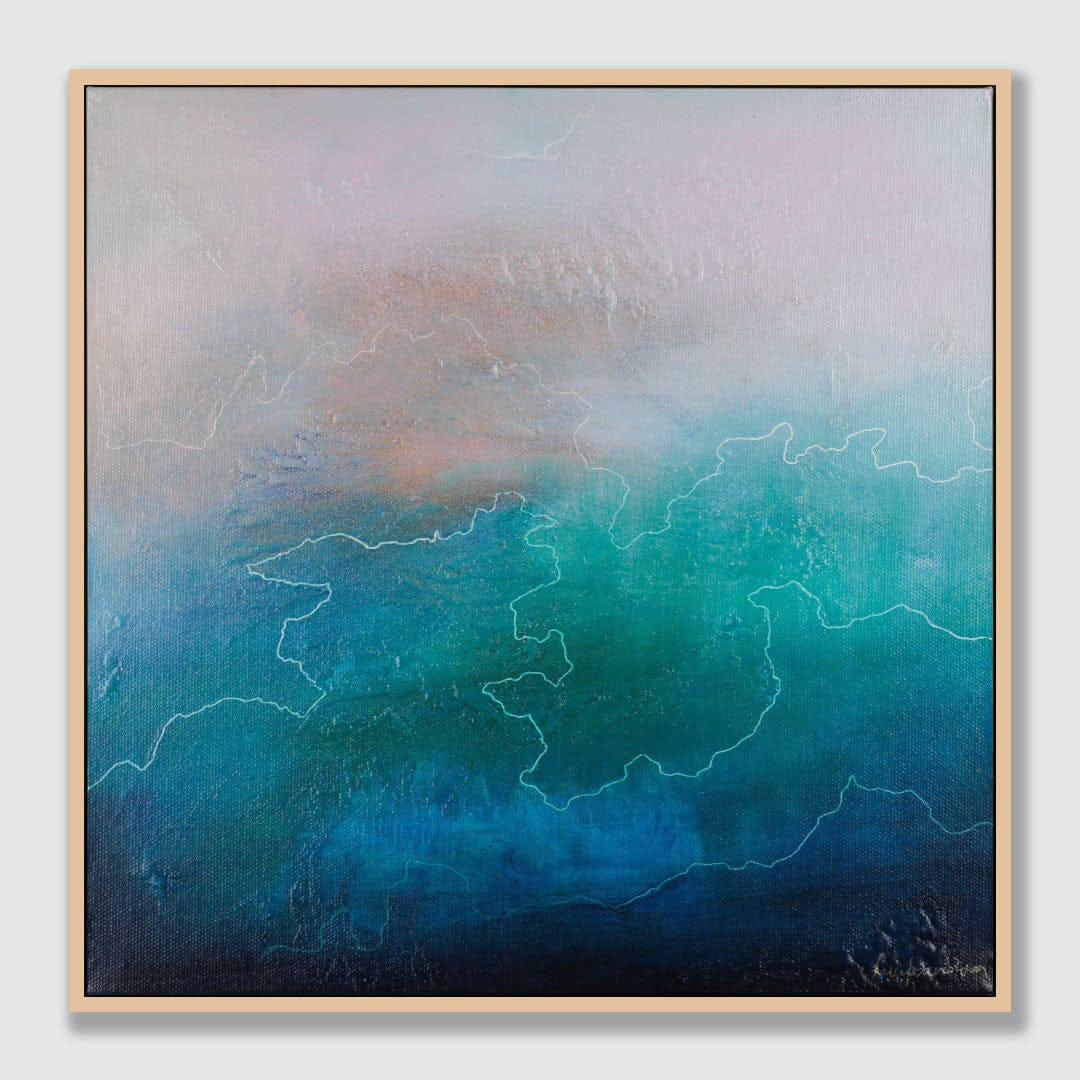 Abstract painting with gradient colors in a wooden frame on a light gray background