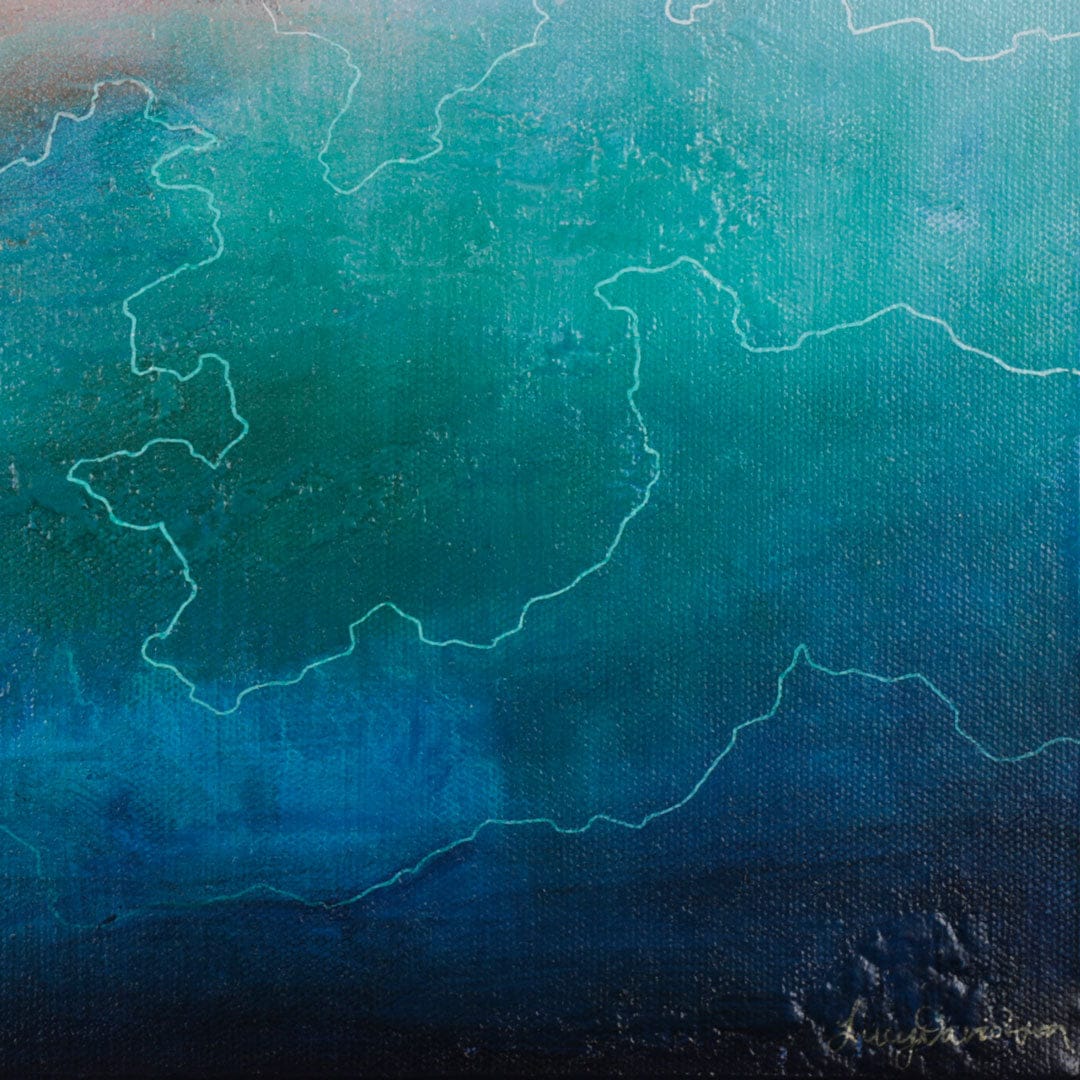 Abstract artwork with blue and green gradient and white line patterns