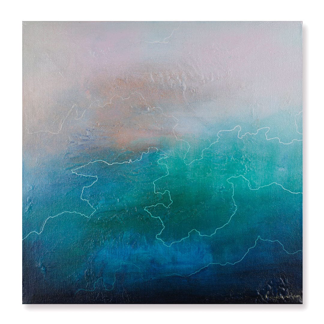 Abstract painting with a gradient of blue, green, and brown on a white background