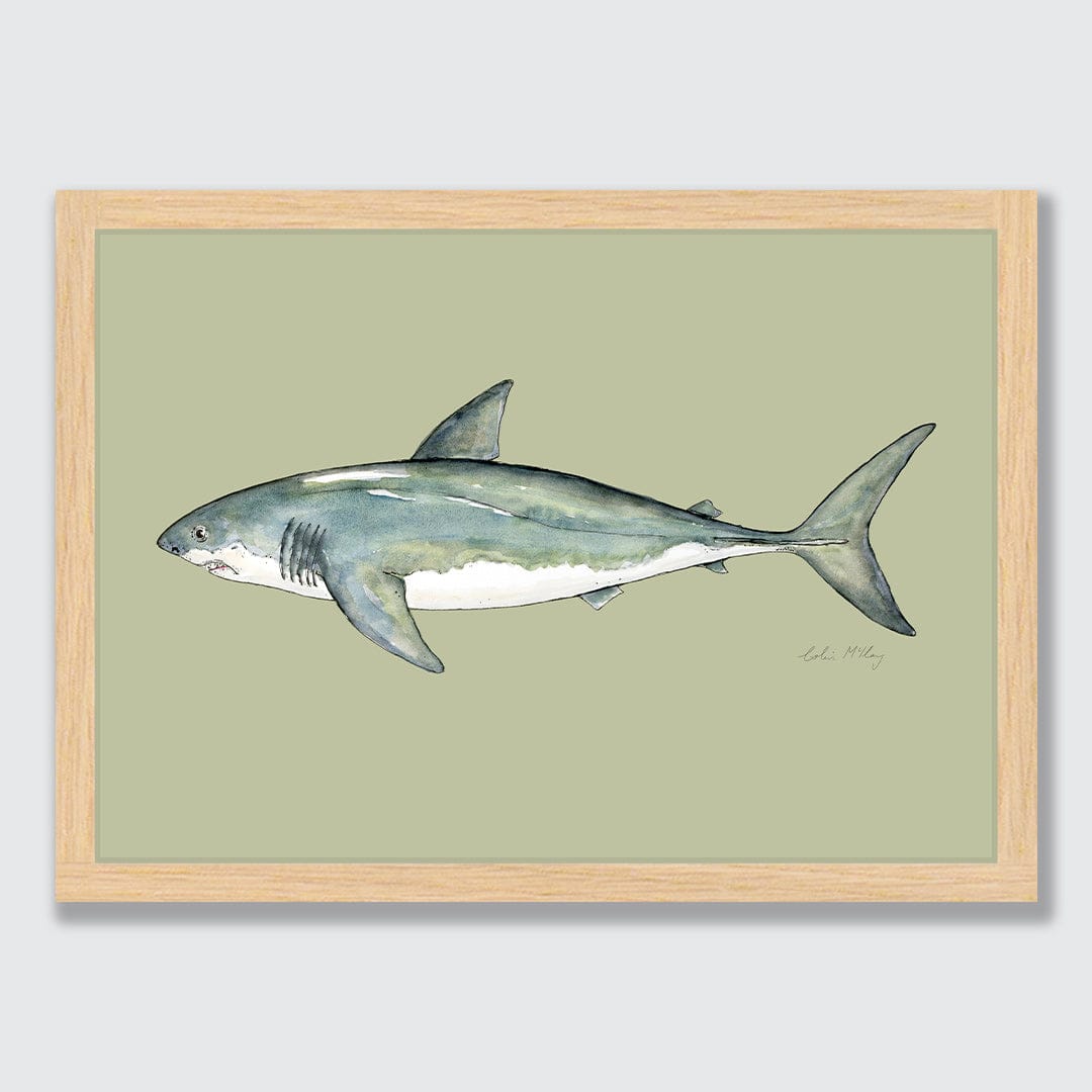 'Susie' Great White Shark (Olive background) Art Print by Colin McKay