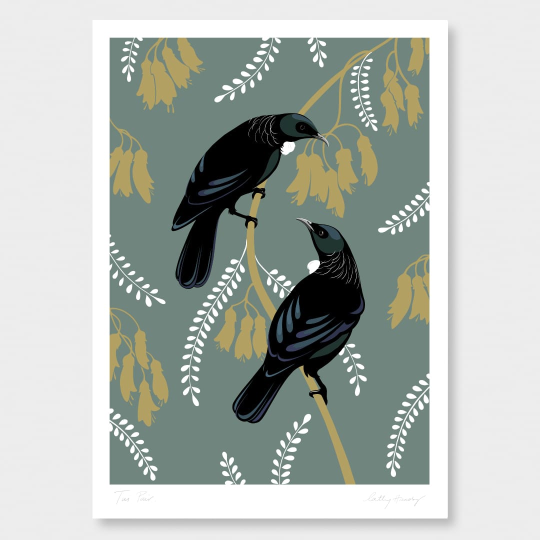 Tui Pair Teal Art Print by Cathy Hansby