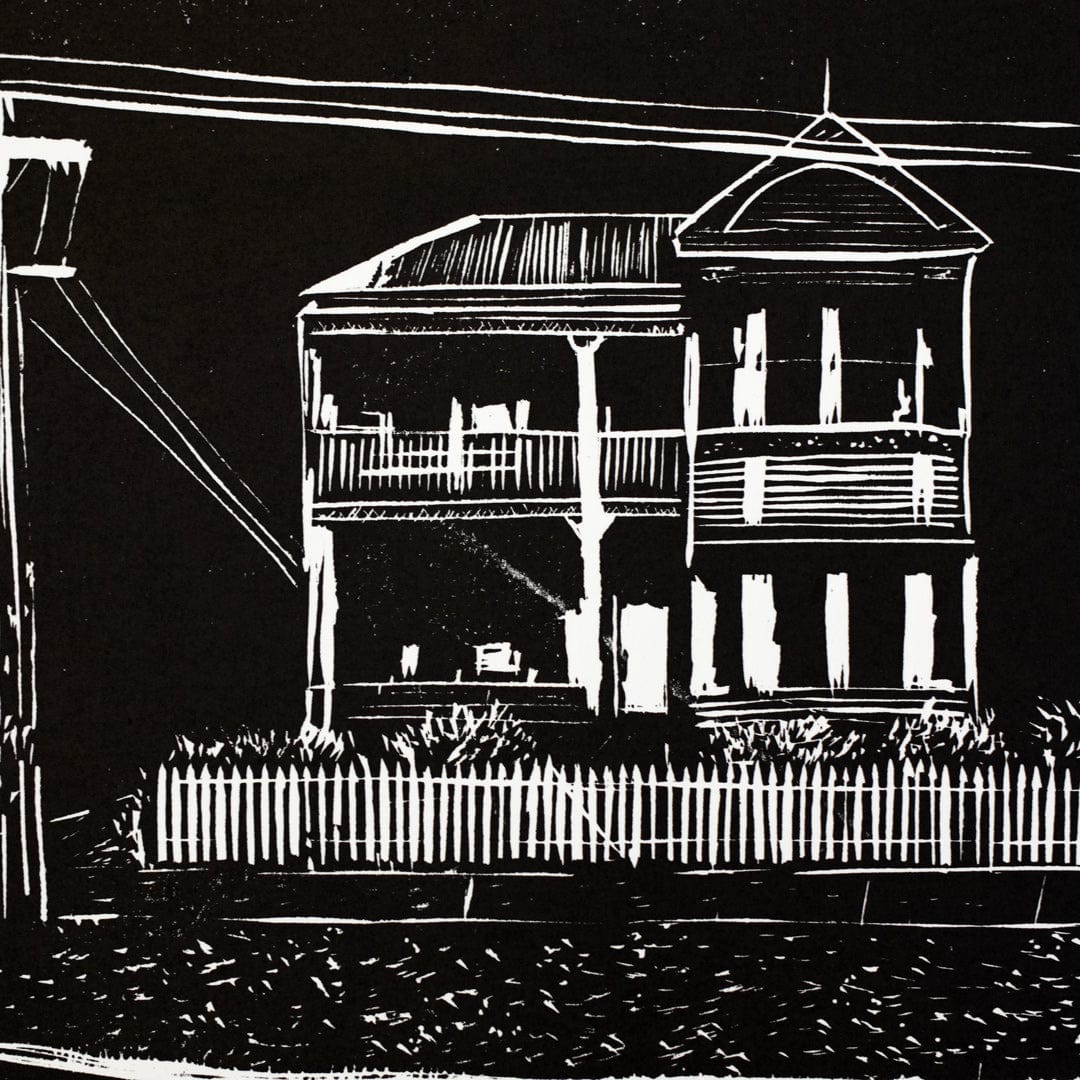 Villa on Black Linocut Reduction Print by Jackson Munn