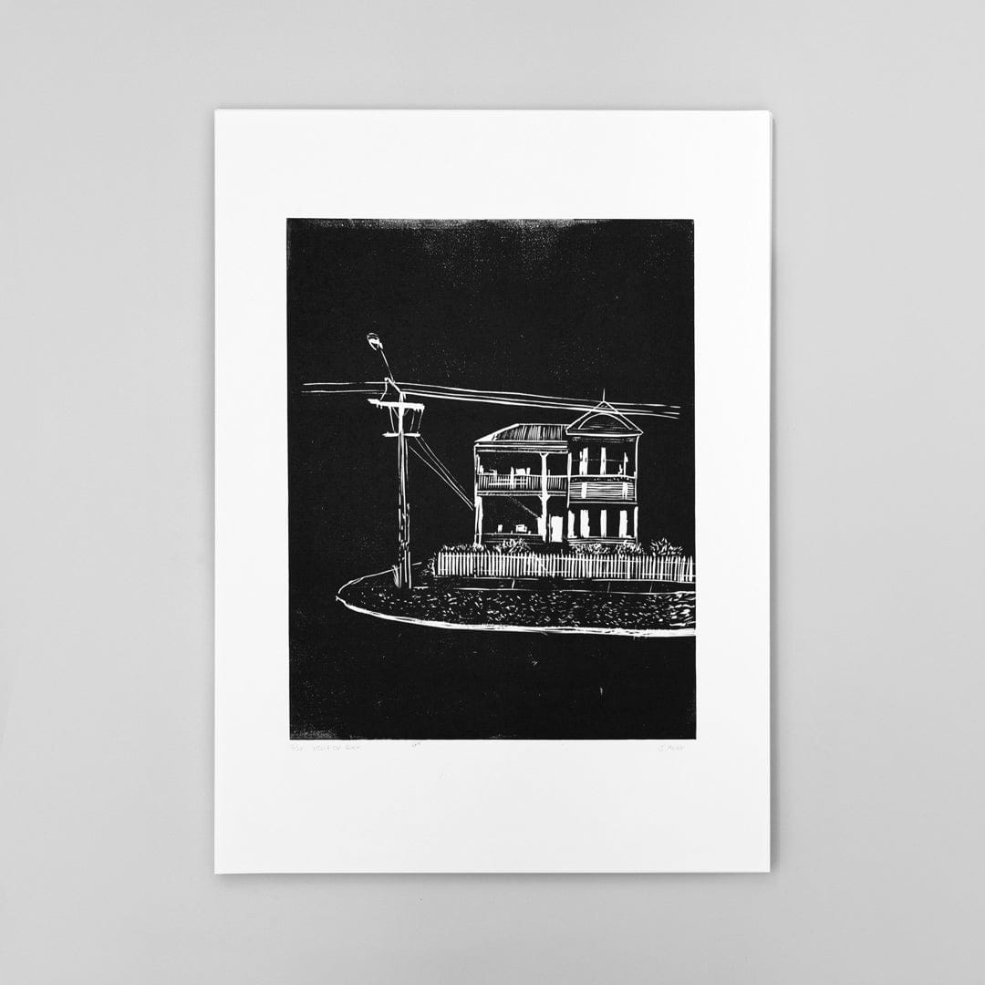 Villa on Black Linocut Reduction Print by Jackson Munn
