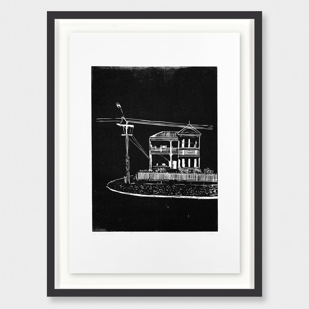Villa on Black Linocut Reduction Print by Jackson Munn