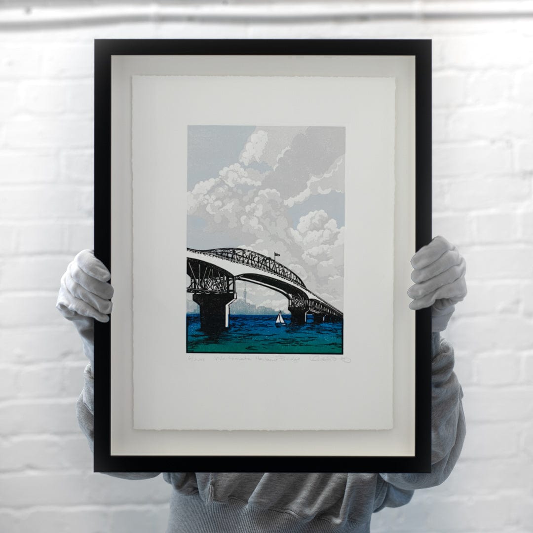 Bespoke Framed Waitemata Harbour Bridge Linocut Reduction Print by Kate Steiner