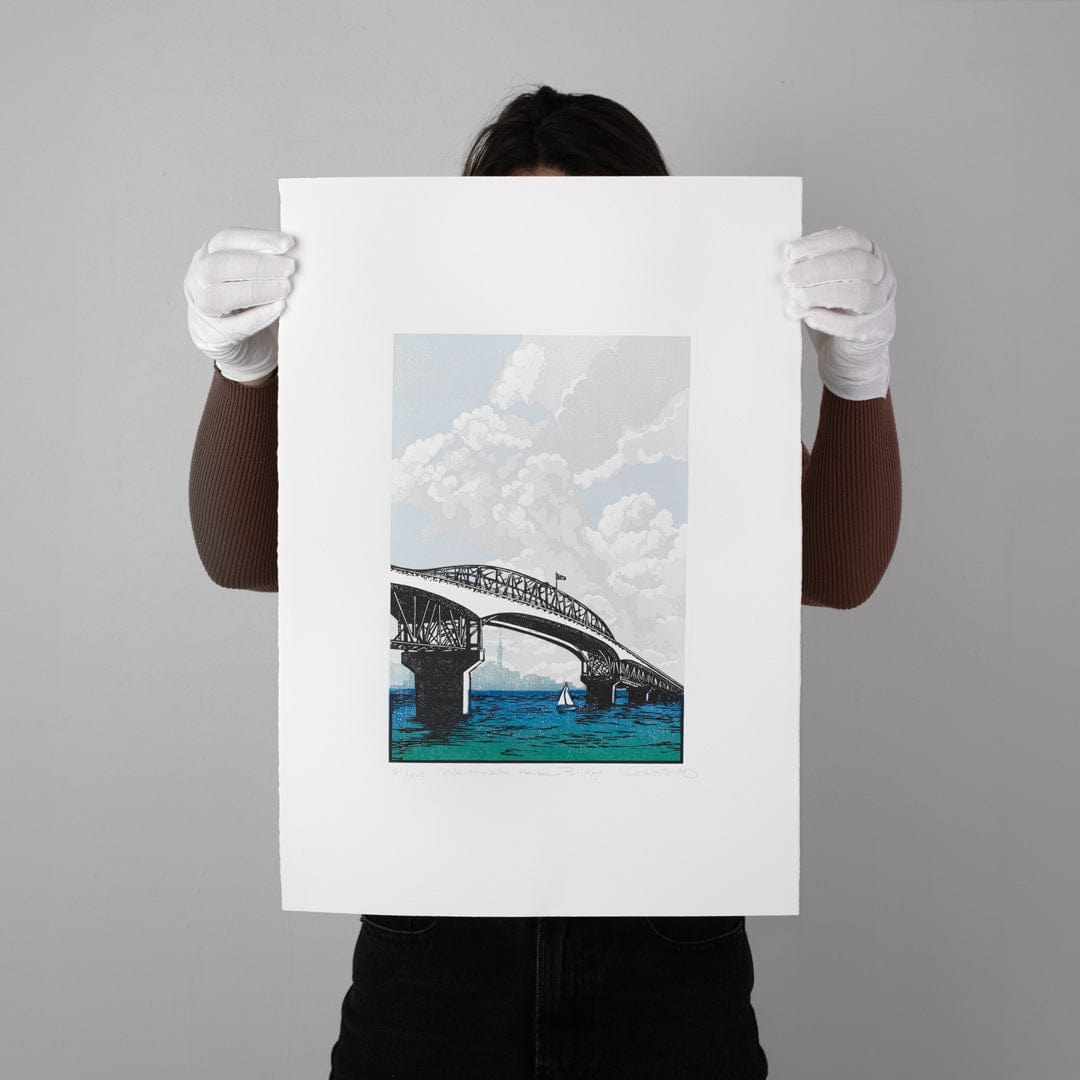 Waitemata Harbour Bridge Linocut Reduction Print by Kate Steiner