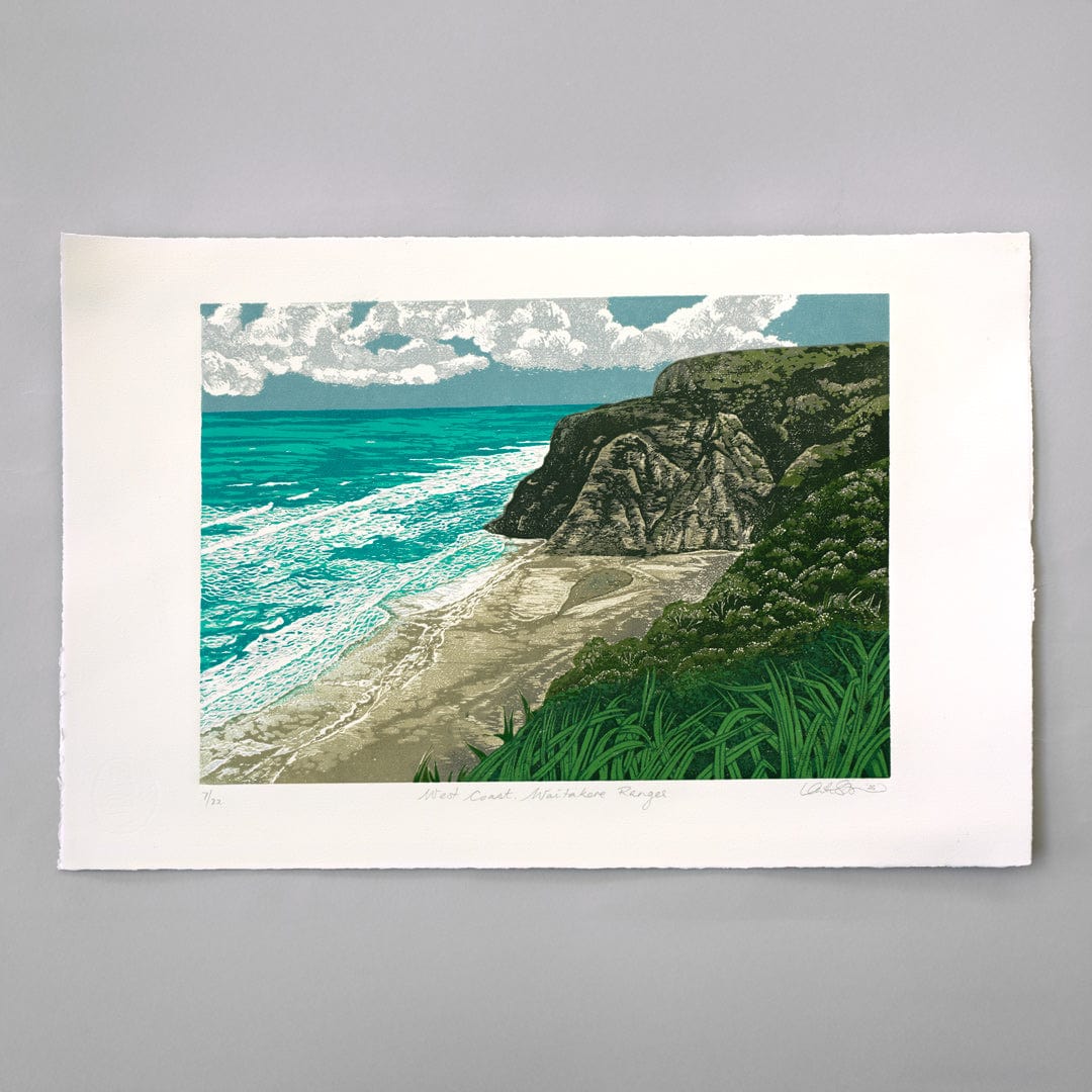 West Coast, Waitakere Ranges Linocut Reduction Print by Kate Steiner