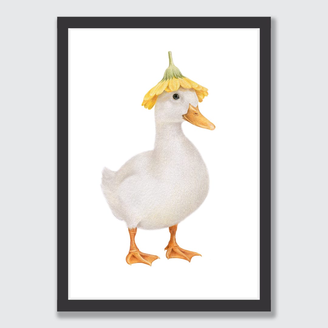 White Duck with Flower Hat Art Print by Olivia Bezett