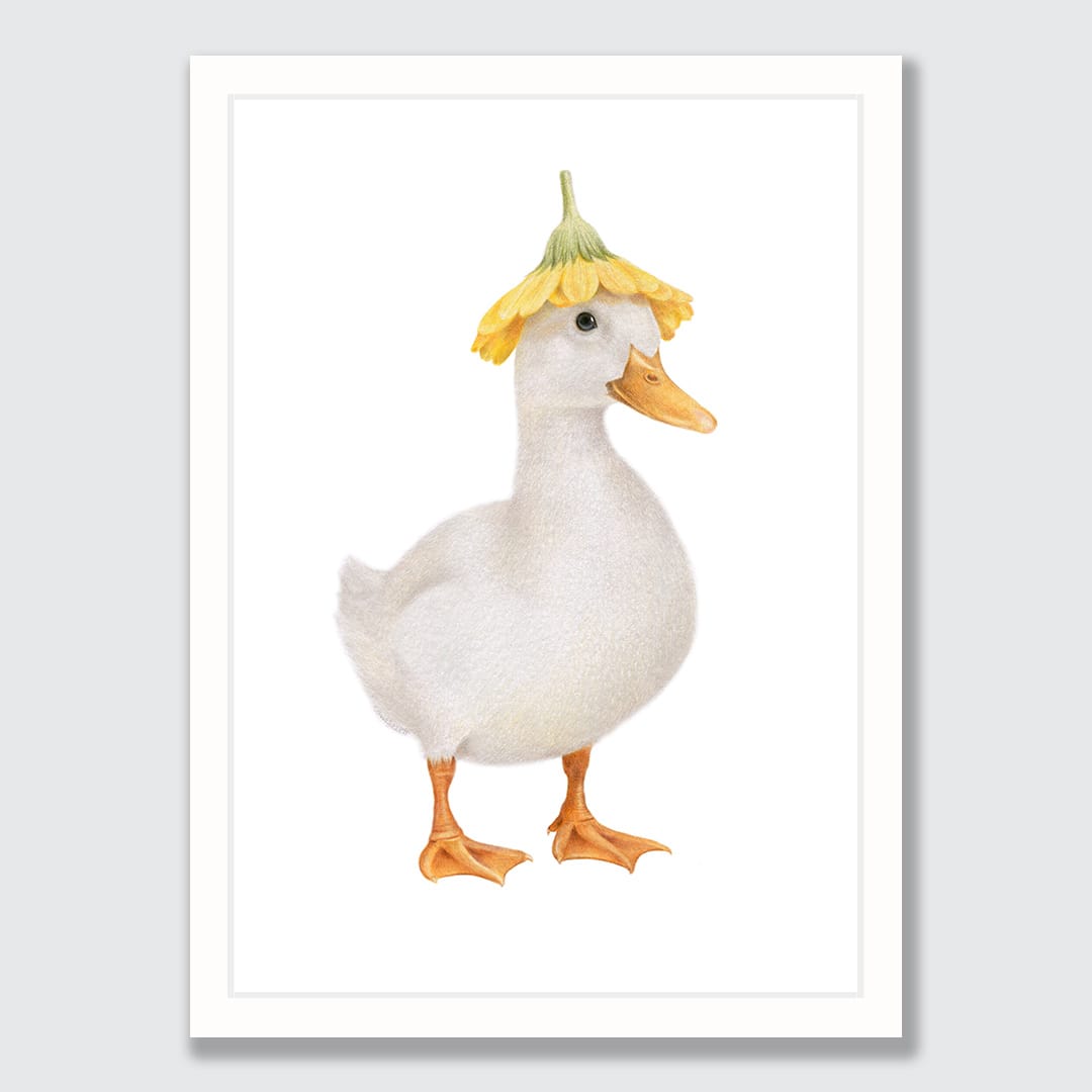 White Duck with Flower Hat Art Print by Olivia Bezett